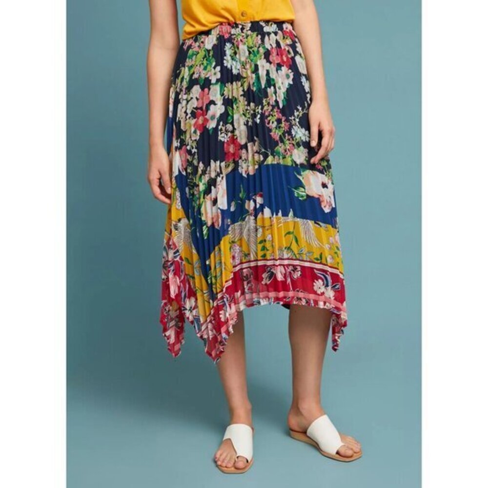 New Anthro Leora Floral Hanky Hem Pleated Midi Skirt XXSP $138